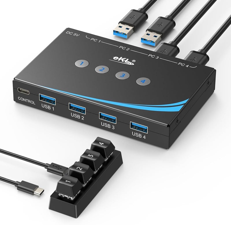 eKL USB 3.0 Switch 4 Computers Sharing USB Peripherals, 4 Port USB Switcher Sharing Mouse Keyboard Scanner Printer, with 3.5mm Headset Jack Audio Out, Includes 4 USB 3.0 Cables and Remote - Image 1